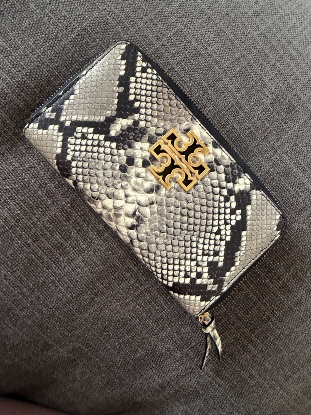 Tory Burch Black & White Snake-Print Zip Wallet with Gold Logo